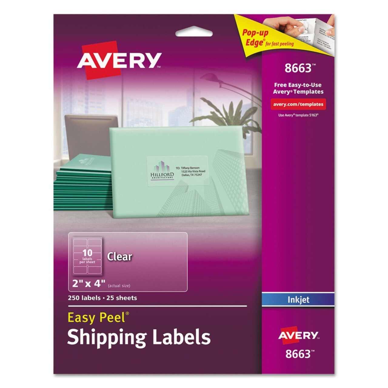 Avery 2 in. x 4 in. Matte Clear Easy Peel Mailing Labels with Sure Feed Technology for Inkjet Printers - Clear (10/Sheet, 25 Sheets/Pack)
